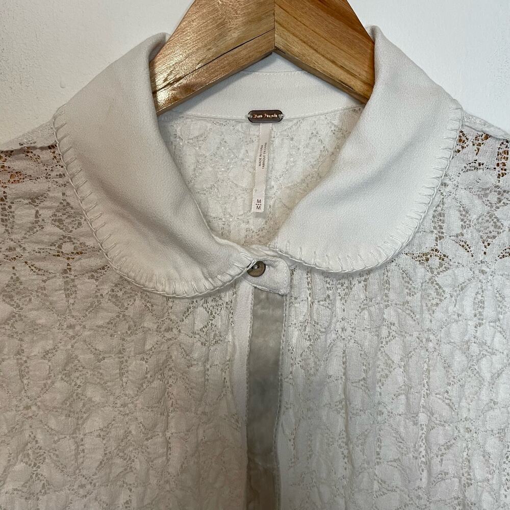 Free People White Tunic Top M Womens Button Front Collared Long Sleeve Lace Tie - Picture 3 of 10